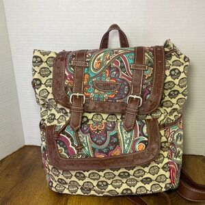 Unionbay Owl Print Canvas Flap Backpack‎ Colorful Paisley Drawstring Bag NWT